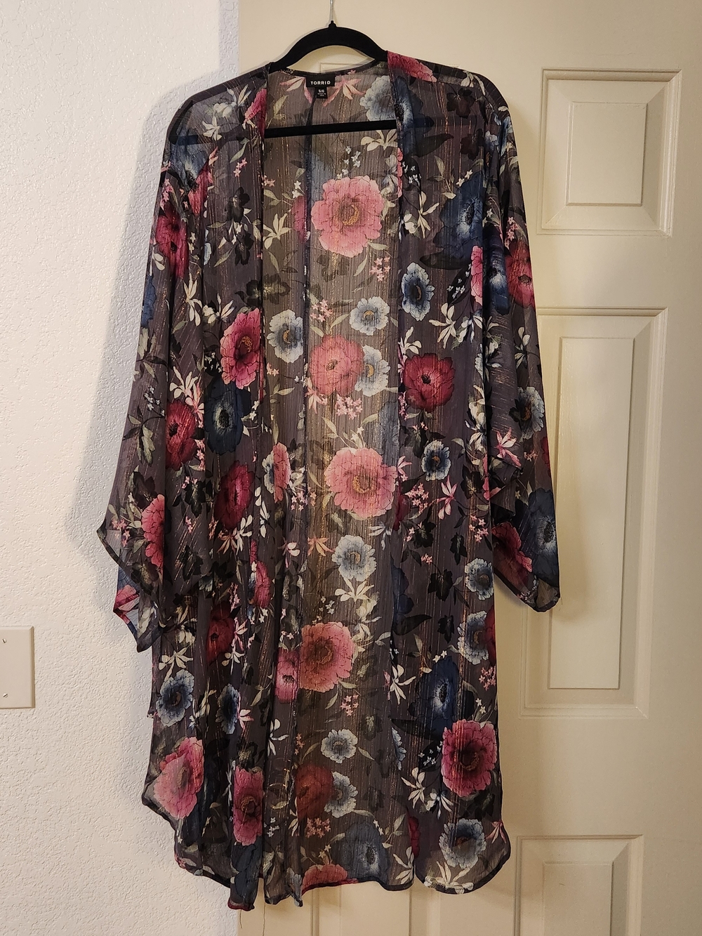 torrid Sheer Floral Kimono in Black with Pink & Blue Blooms